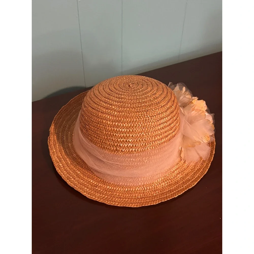 Vintage Betmar Italian Made Straw Hat Tulle Band Floral Accent Spring Summer